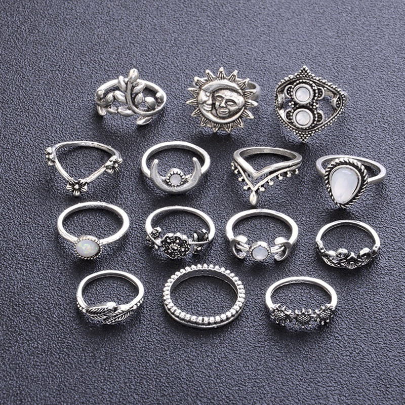 14pcs / set Cincin Buku Jari Aneka Bentuk Gaya Boho Untuk Wanita