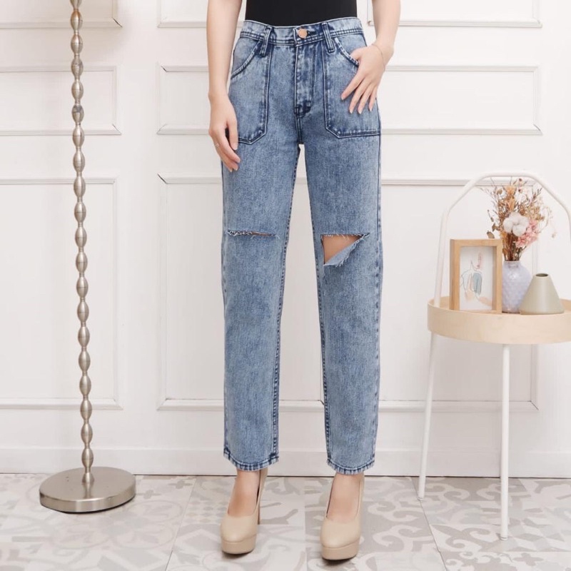 HOPYLOVY Celana Boyfriend Jeans Wanita Highwaist Celika