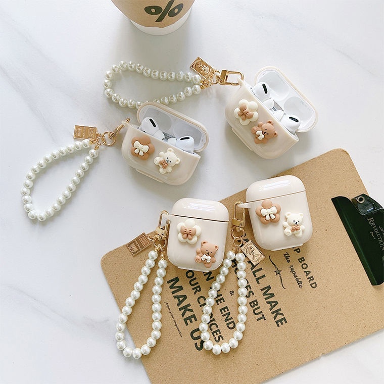 Casing Strap Bear+ Mutiara Kartun Lucu Kompatibel Untuk Airpods1/2 Pro Case Soft TPU