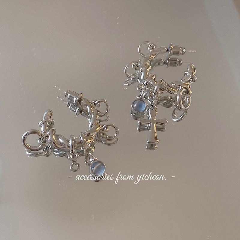 Anting Tusuk Gantung Bahan metal Warna silver Desain Salib Hias Opal Untuk Wanita