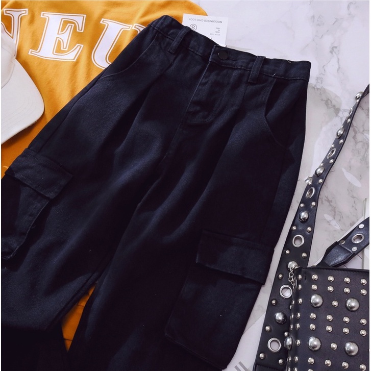 Cargo Jeans--Korean Highwaist Cargo Celana Jeans Wanita Import (realpict)