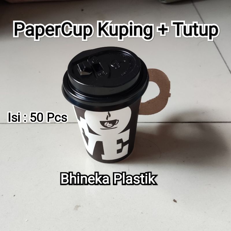 PaperCup Kuping / Gelas  kertas Gagang + Tutup  (isi 50pcs), Paper cup, Gelas Kertas, Gelas Kopi