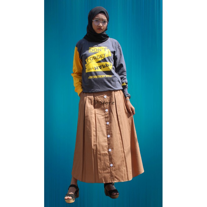 Rok Panjang Kancing Wanita Rok Wanita Muslimah Aksen Kancing Putih Bahan Katun Premium Warna Mocca