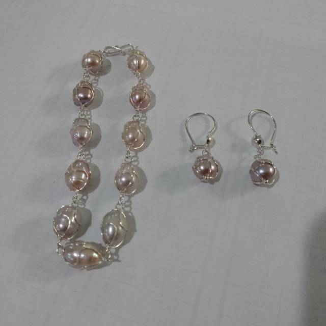 Set perhiasan perak gelang + anting mutiara asli lombok set perak mutiara tawar