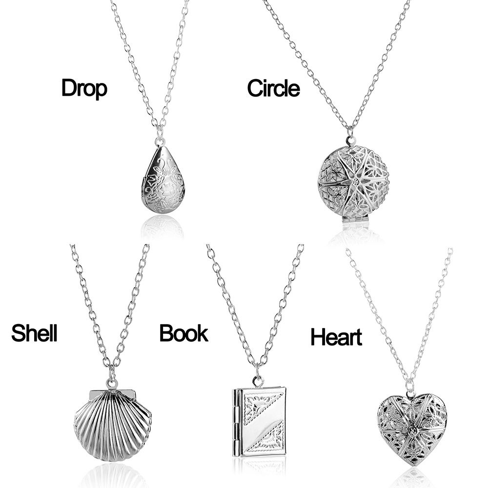 ROW New Chain Silver Picture Locket Necklaces Hollow Memory Heart Drop Shell Openable Photo Frames Pendant