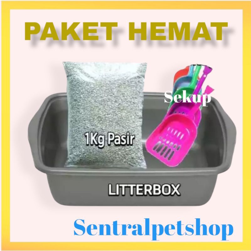 Paket Murah Bak Pasir &amp; 1Kg Pasir GRATIS Sekup Bak Kucing Litter Box