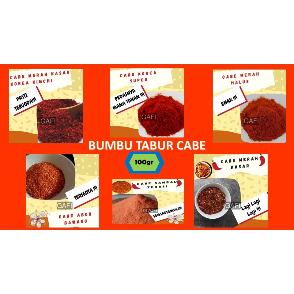 

Bumbu Tabur Cabe Bubuk Pedas Gurih Nikmat Asin Manis Berbagai Level Pilihan Terbaik (100gr)
