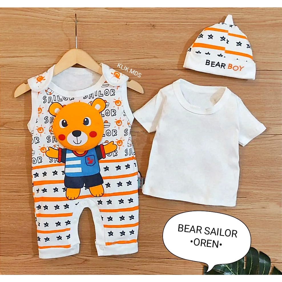 Jumper Bayi Laki-Laki 0-6 Bulan / Baju Anak Bahan Kaos Free Inner Dan Topi Motif Bear Sailor