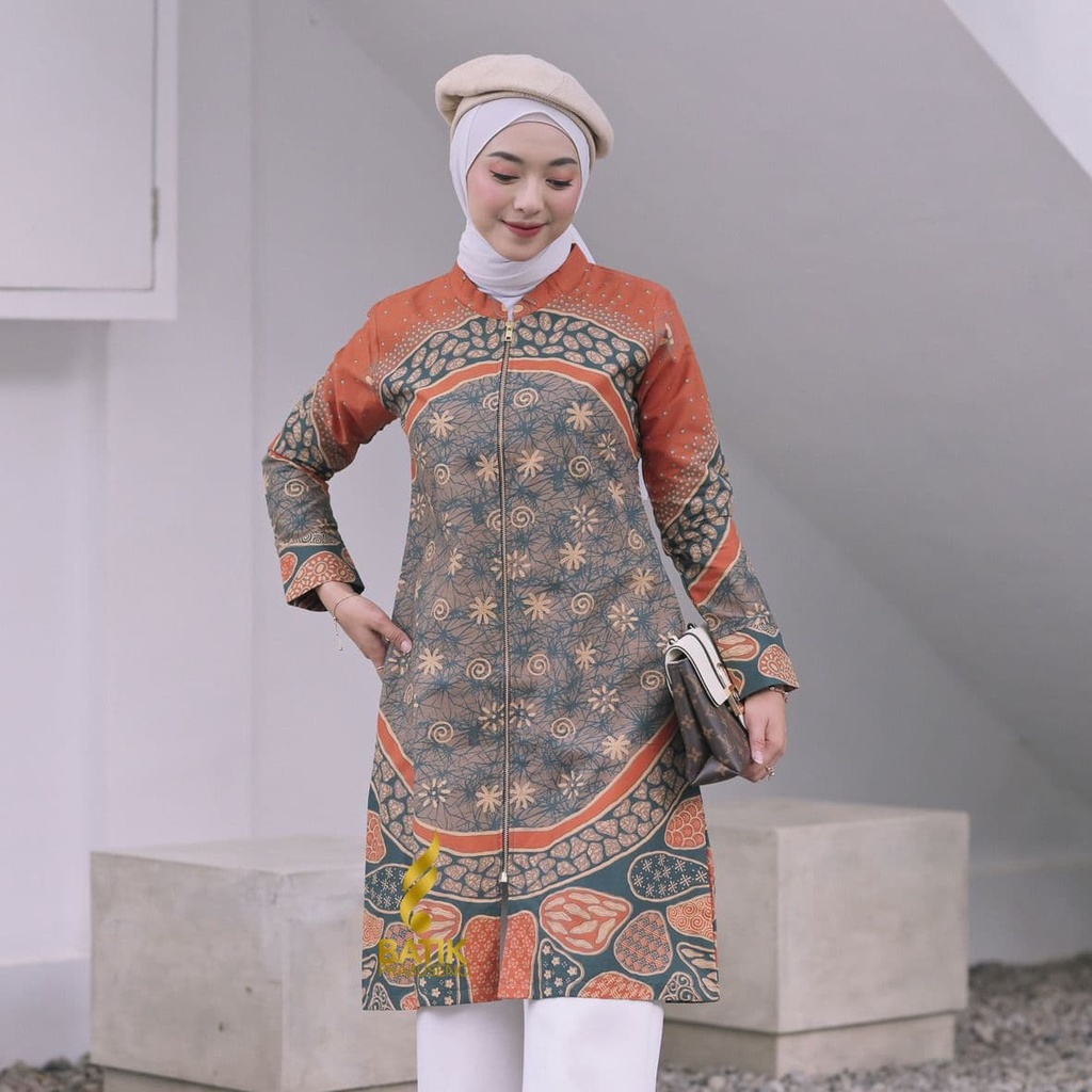 Lila Tunik Atasan Batik Wanita Prabuseno Original Premium Blouse Muslimah Hijab Kantoran Full Furing Size Jumbo Busui Model Stylish Terbaru Batik Solo