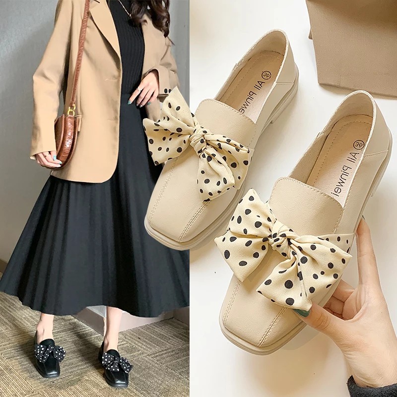 RYS - Dot Bowknot Sepatu Loafers Wanita Fashion Casual - Ori Import