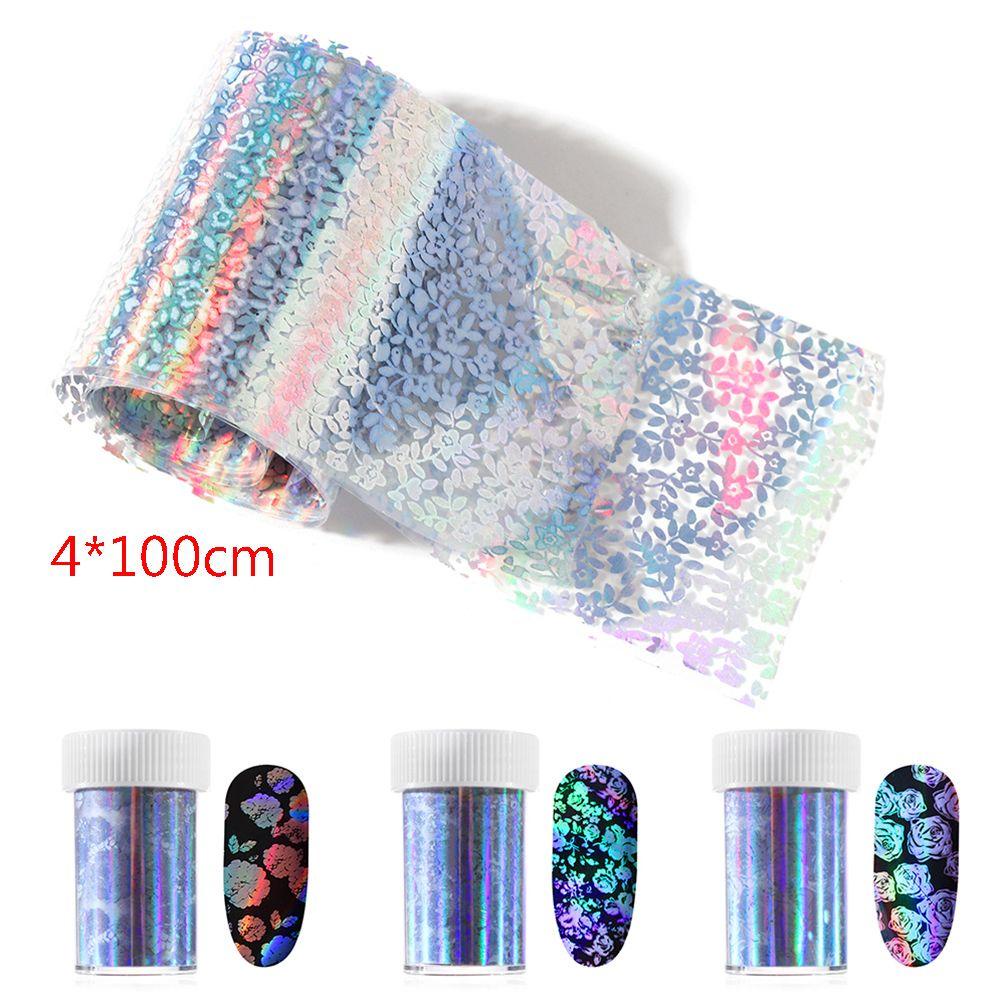 R-flower Nail Art Stiker Kecantikan Manicure Decor Laser Transfer Musim Dingin Bintang Mawar Hologram Starry