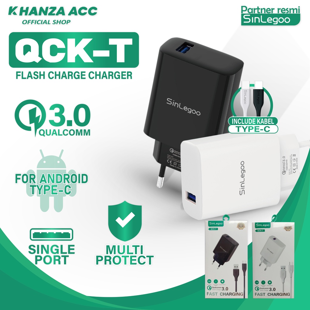 KHANZAACC SINLEGOO QCK-T Charger Qualcom 3A Fast Charging Include Kable Type-C