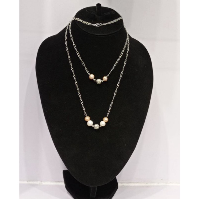 PROMO BERSERTIFIKAT KALUNG MUTIARA TAWAR LOMBOK ASLI RHODIUM SILVER KALUNG 2 LAYER MUTIARA RANTAI RH