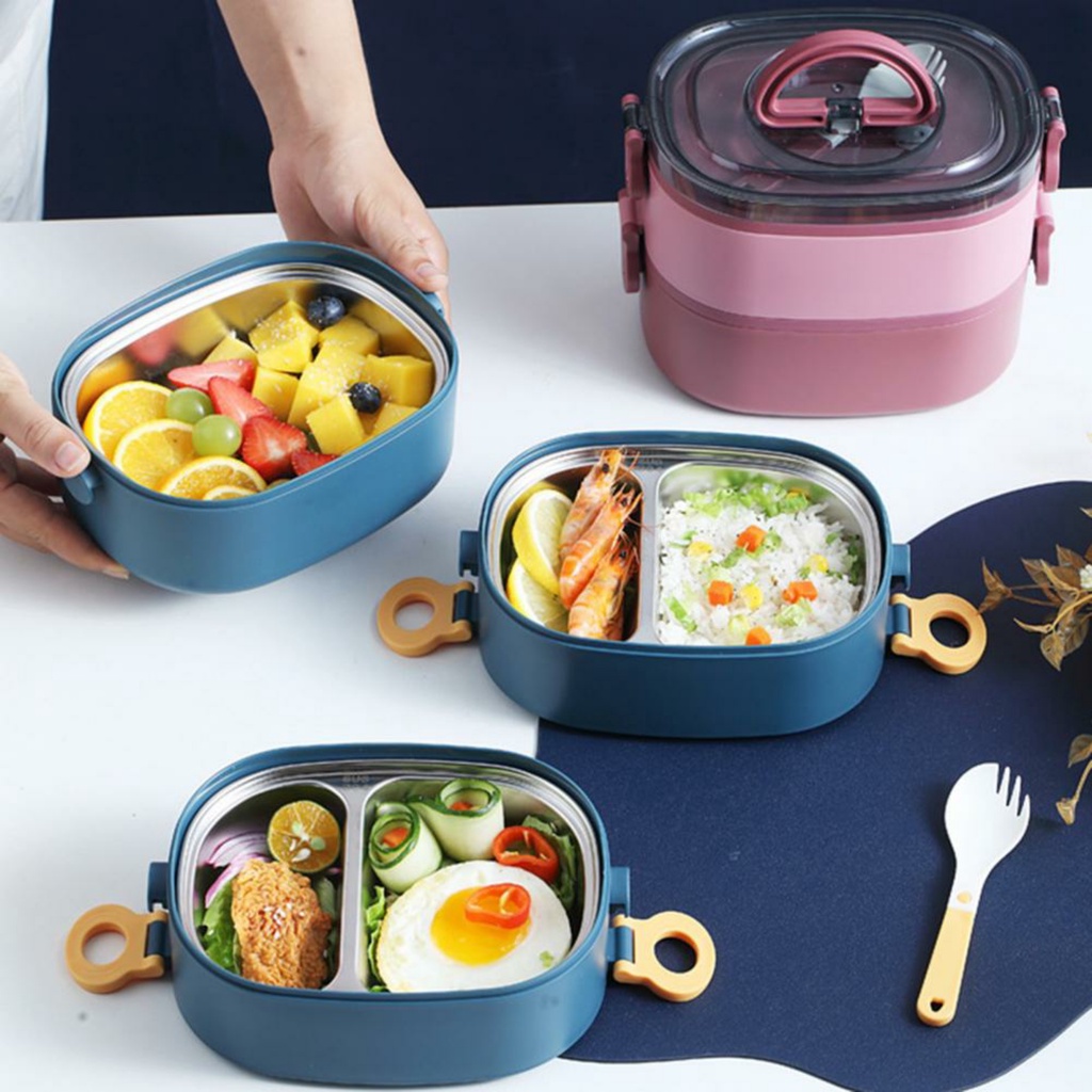 Kotak bekal makan 2 susun model bundar stainless dilengkapi 1 sendok/A19 Lunch Box stainless 2 susun food grade