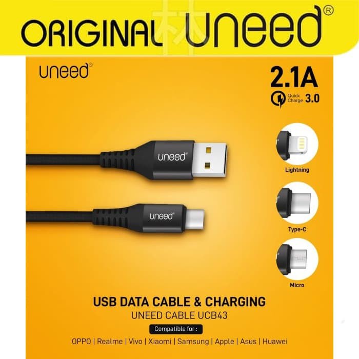 UNEED UCB43i Nylon Braided Kabel Data Lightning 1M Max Current 2.1A