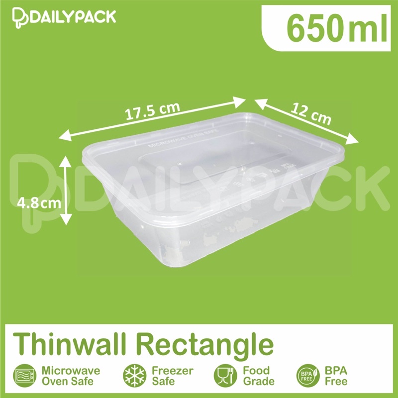 Thinwall RECTANGLE 650ml + Tutup / PERSEGI PANJANG / Kotak Makan Plastik / Food Container