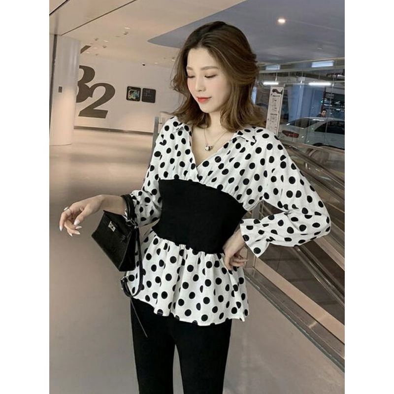 MDLV ~ 0088 POLKADOT PEPLUM TOP // ATASAN LENGAN PANJANG RAJUT COMBI // FASHION IMPORT WANITA