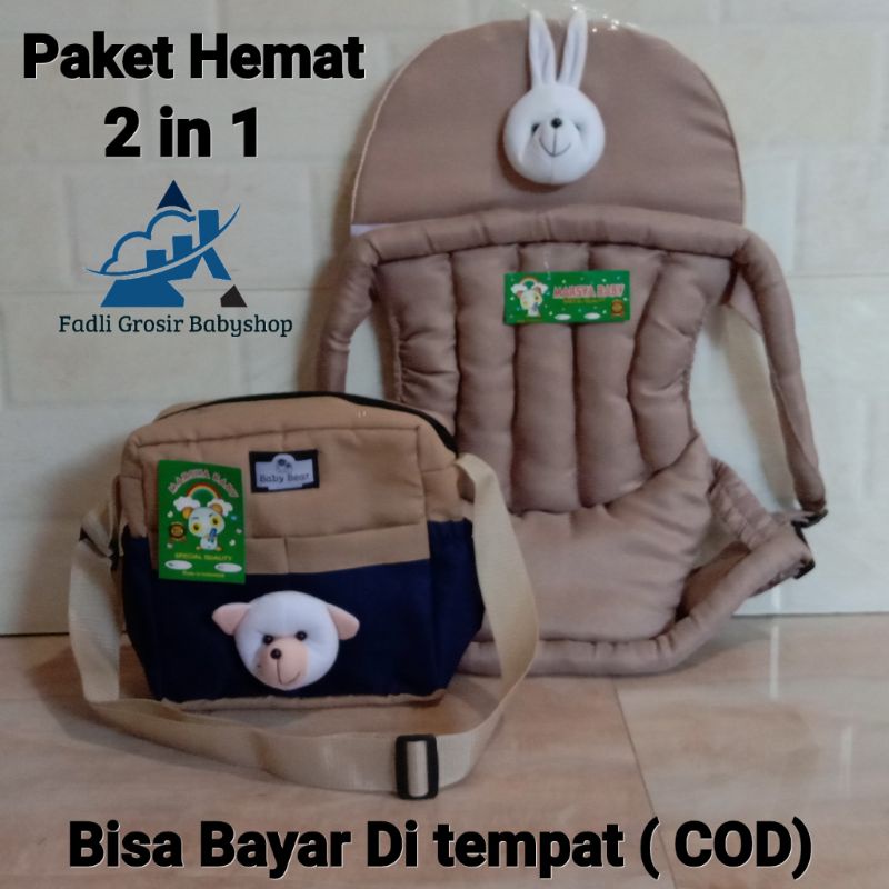 Paket Hemat ( 2 In 1 ) Tas Bayi Boneka Beruang Dan Gendongan Bayi Depan Topi Boneka Kelinci