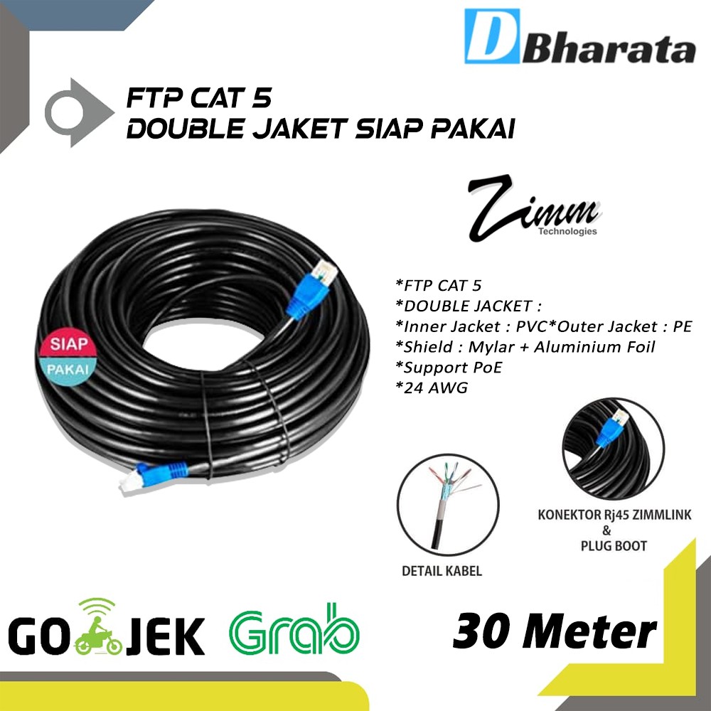 Kabel Lan Cat 5e FTP Double Jaket Siap Pakai Zimmlink 30 Meter Bukan Belden FTP/UTP SIAP PAKAI