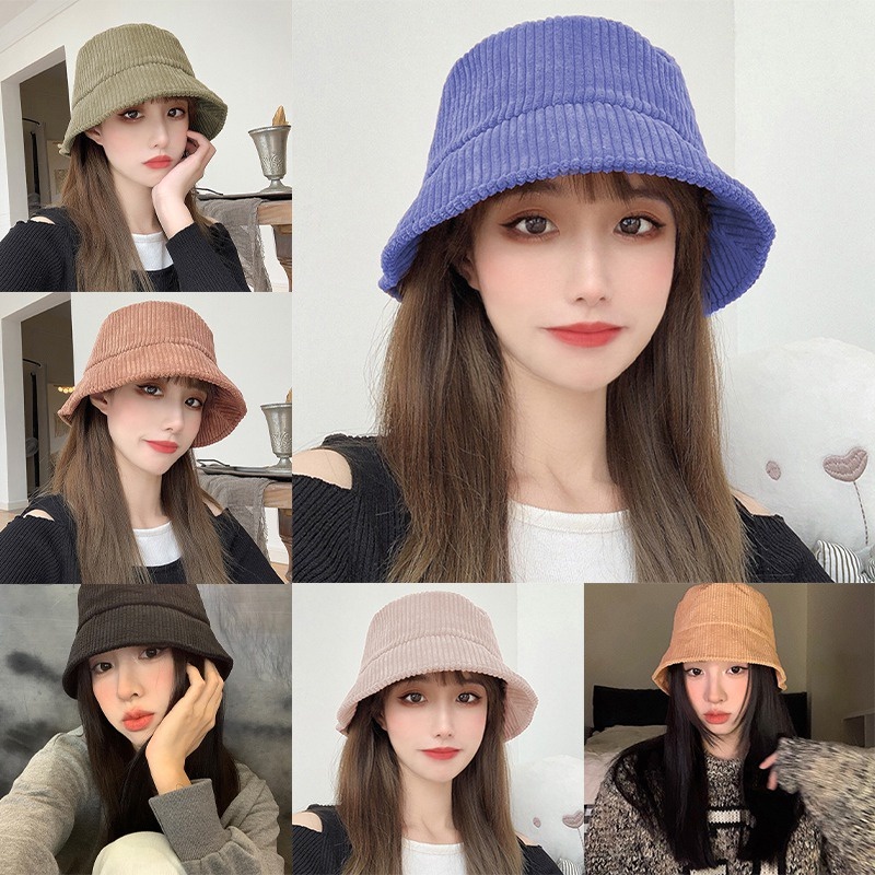 Topi Bucket Bahan Corduroy Motif Monokrom Tahan Angin Untuk Wanita