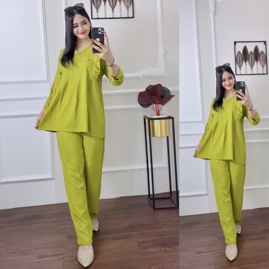 One Set Tunic Andin Ruflle || Resleting Depan Busui Frendy || Baju Wanita || Rayon Super-4