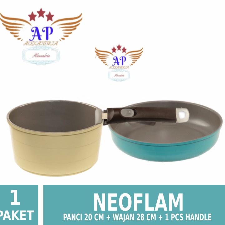 PAKET PANCI + WAJAN NEOFLAM Panci 20 CM + Wajan 28 CM + 1 Pcs Handle
