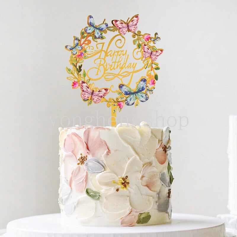 Topper Kue Bahan Akrilik Motif Print Bunga Untuk Dekorasi Pesta Ulang Tahun