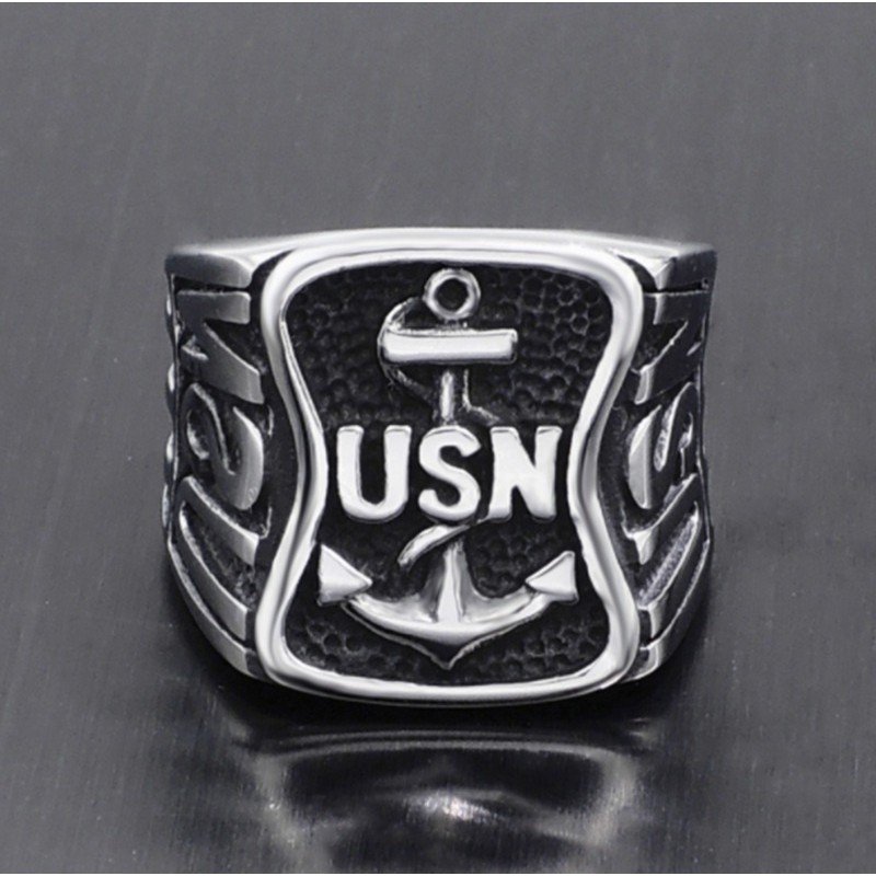 Cincin Bahan Titanium Desain Jangkar+Tulisan 'USN' Gaya Angkatan Laut AS/Punk untuk Pria