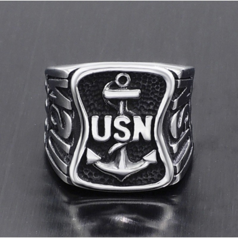 Cincin Bahan Titanium Desain Jangkar+Tulisan 'USN' Gaya Angkatan Laut AS/Punk untuk Pria