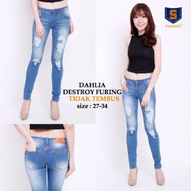 Celana Jeans Cewek/Wanita Model Sobek Ripped Robek Lapis Furing Tidak Tembus Bagus Murah Stretch