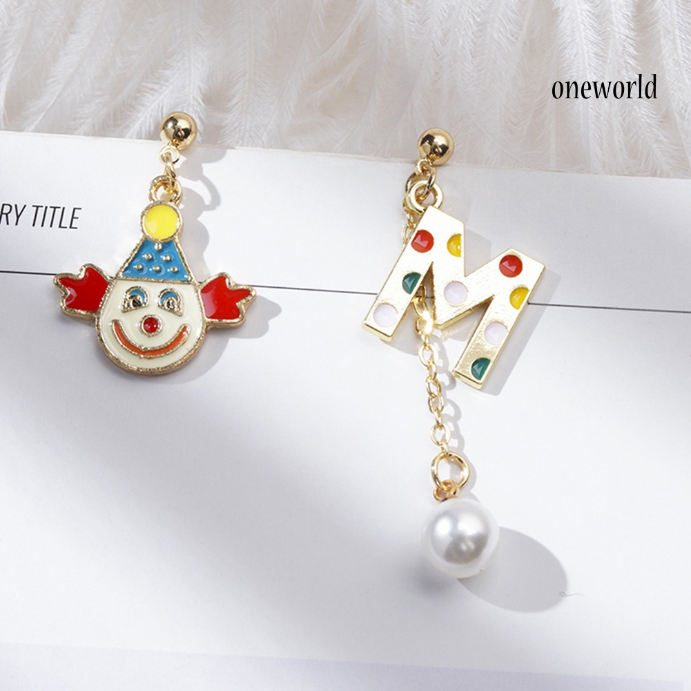 OW# Women Fashion Asymmetry Clown Colorful Letters Eardrop Dangle Ear Stud Earrings