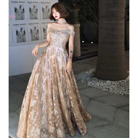 Elegant Gown Gold Evening Dress Boat Neck Floor-length Sequins Long Prom Formal Gown 2020