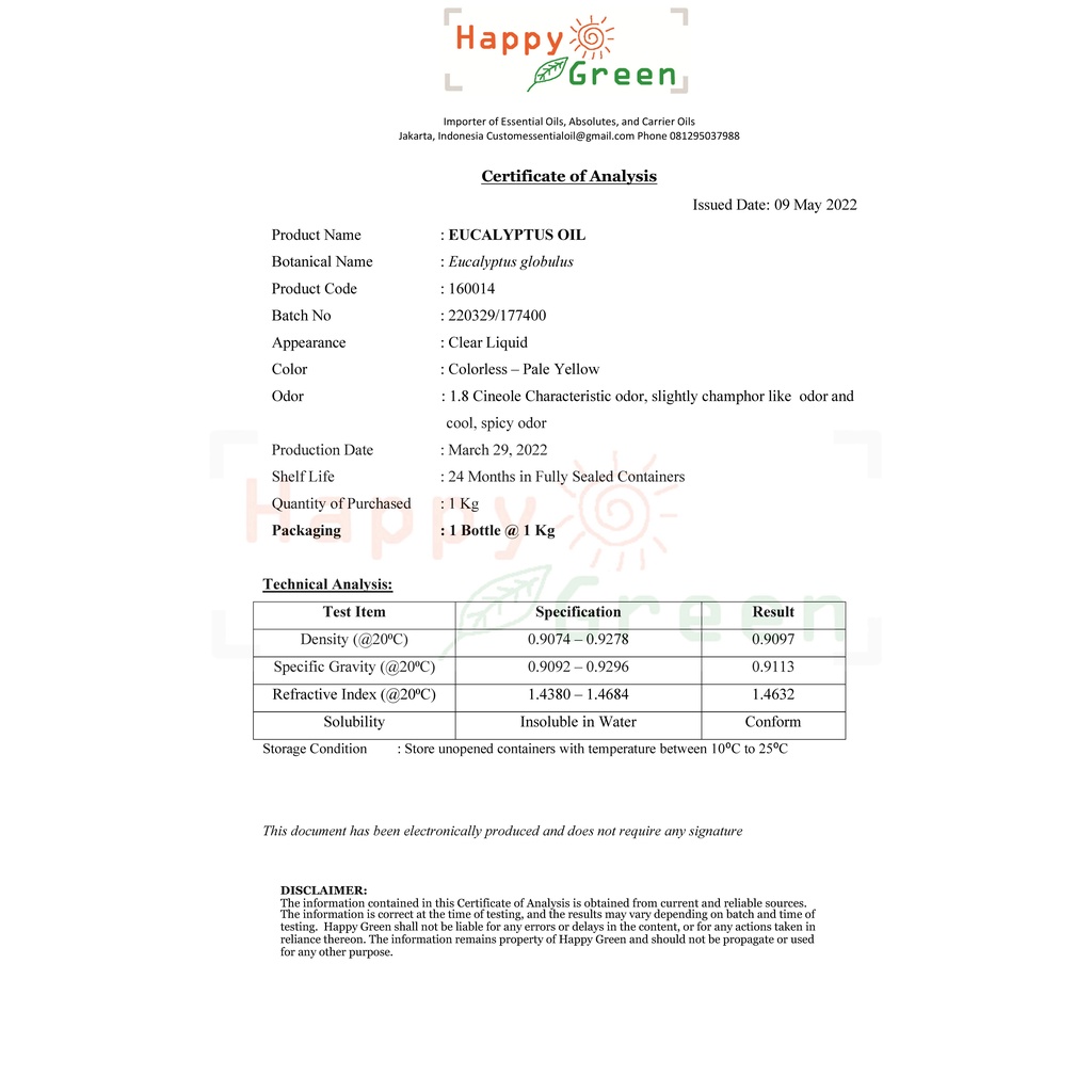 BPOM Happy Green Eucalyptus Globulus Essential Oil - Minyak Ekaliptus 100% Pure Garansi Uang Kembali