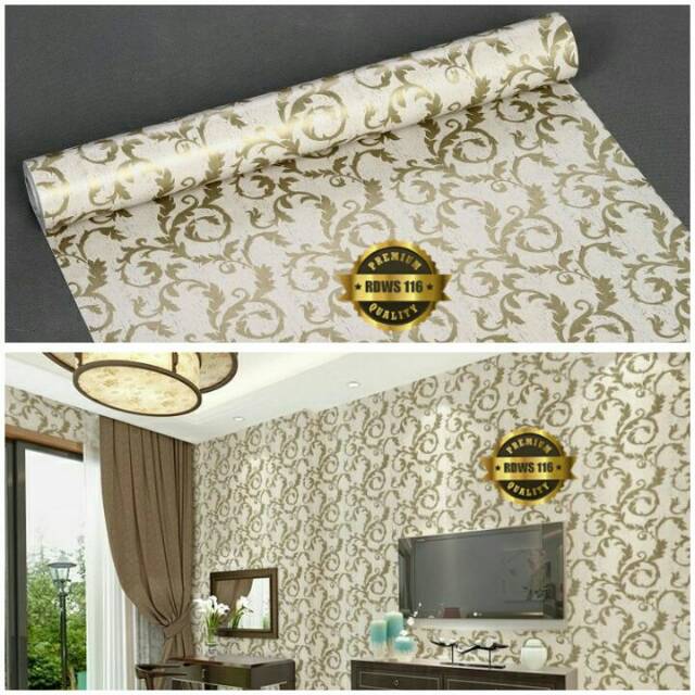 Wallpaper dinding ruangan tamu kamar termurah batik gold putih elegan