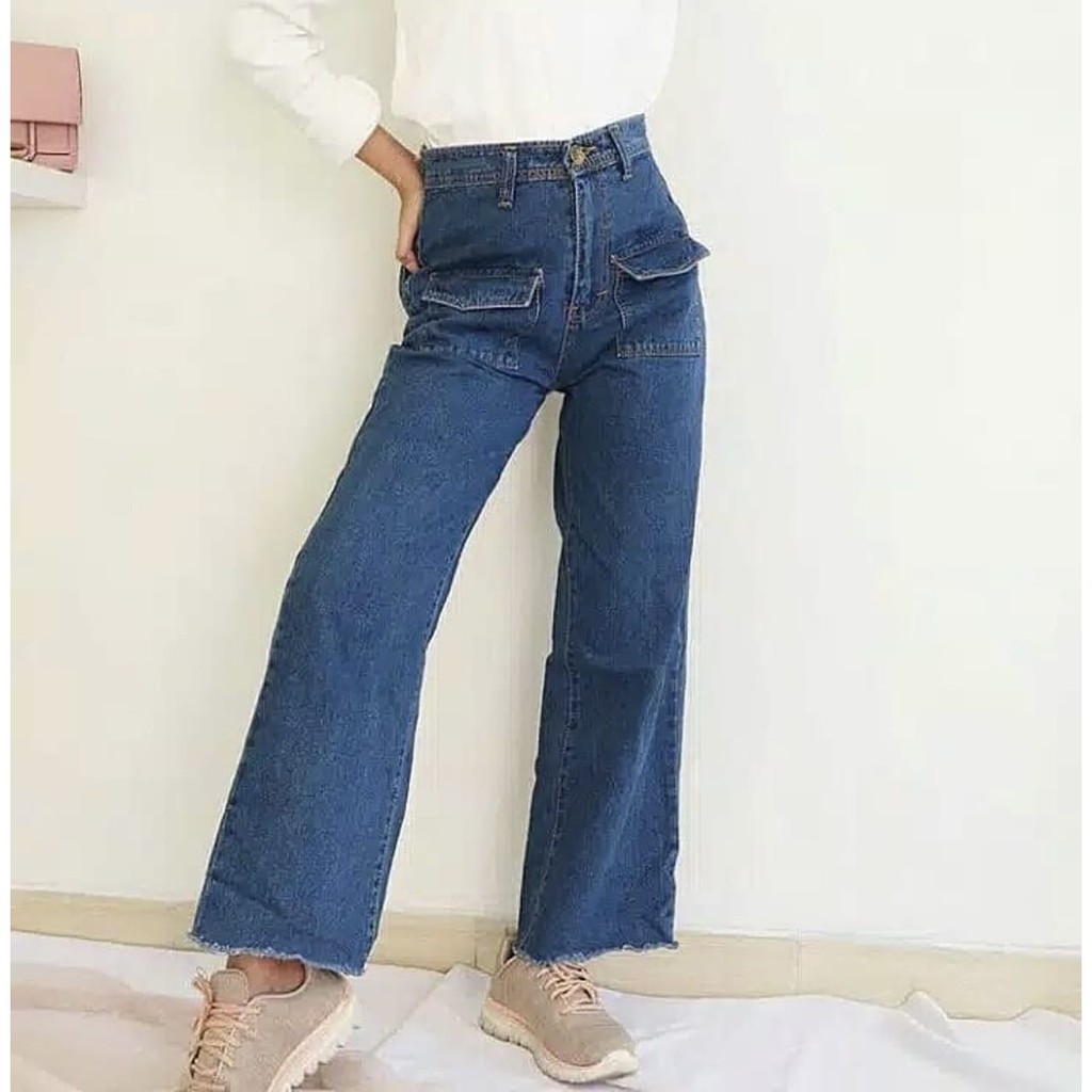 HOPYLOVY Celana Boyfriend Kulot Jeans Wanita Kantong Depan Shira