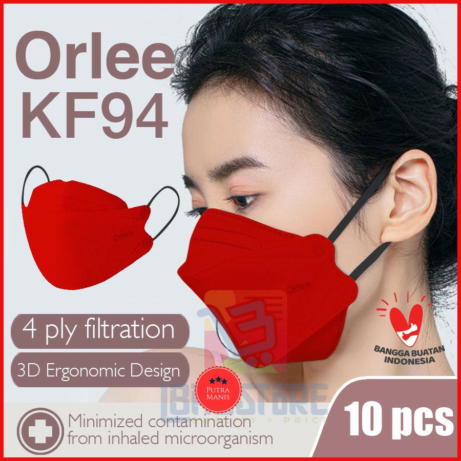 Masker KF94 KF 94 Orlee 4ply earloop Merah Red Embos Kemenkes isi 10 Original Merah abu hitam putih 