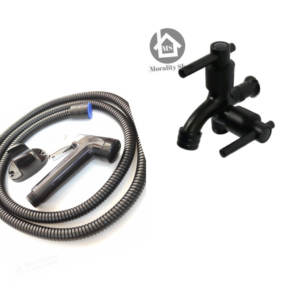 Paket Hemat Set Jet Shower + Kran Cabang Fkt54 / Y30 Hitam Minimalis / Set Shower Toilet Murah
