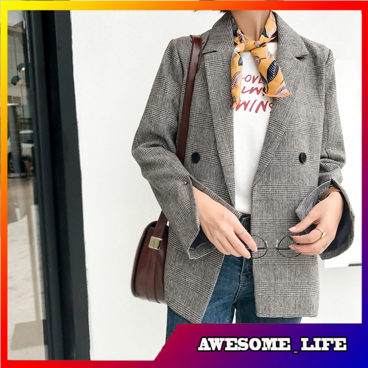 Blazer Pendek Wanita Korea Real Shot  Spring and Autumn Vintage British Plaid Double Breasted Slim F