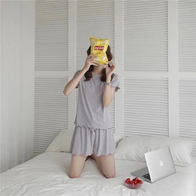 Korean Soft  1 Set Stretch Short-Sleeve Pajamas Satu Set Piyama Wanita C572-6