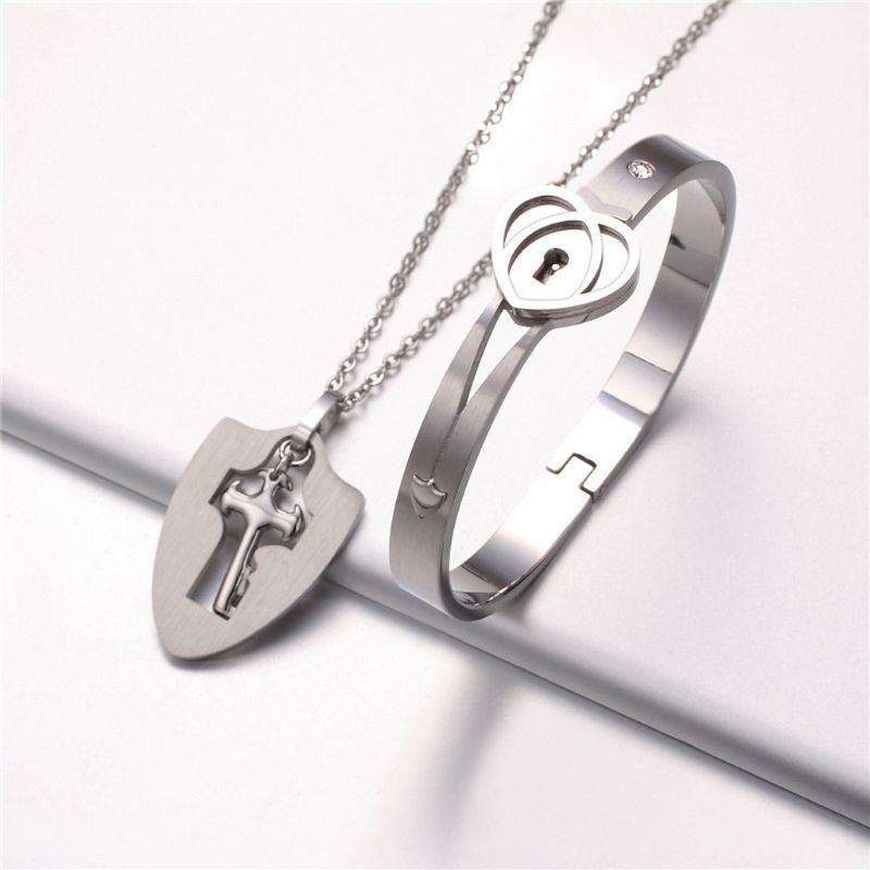 SIY  Titanium Steel Love Puzzle Couple Heart Lock Key Couple Bracelet Necklace Lover Jewelry Set Fashion Jewelry