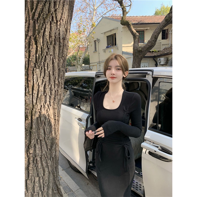 gaun gaya korea lengan panjang pinggang tinggi rajutan fishtail dress serut rok panjang