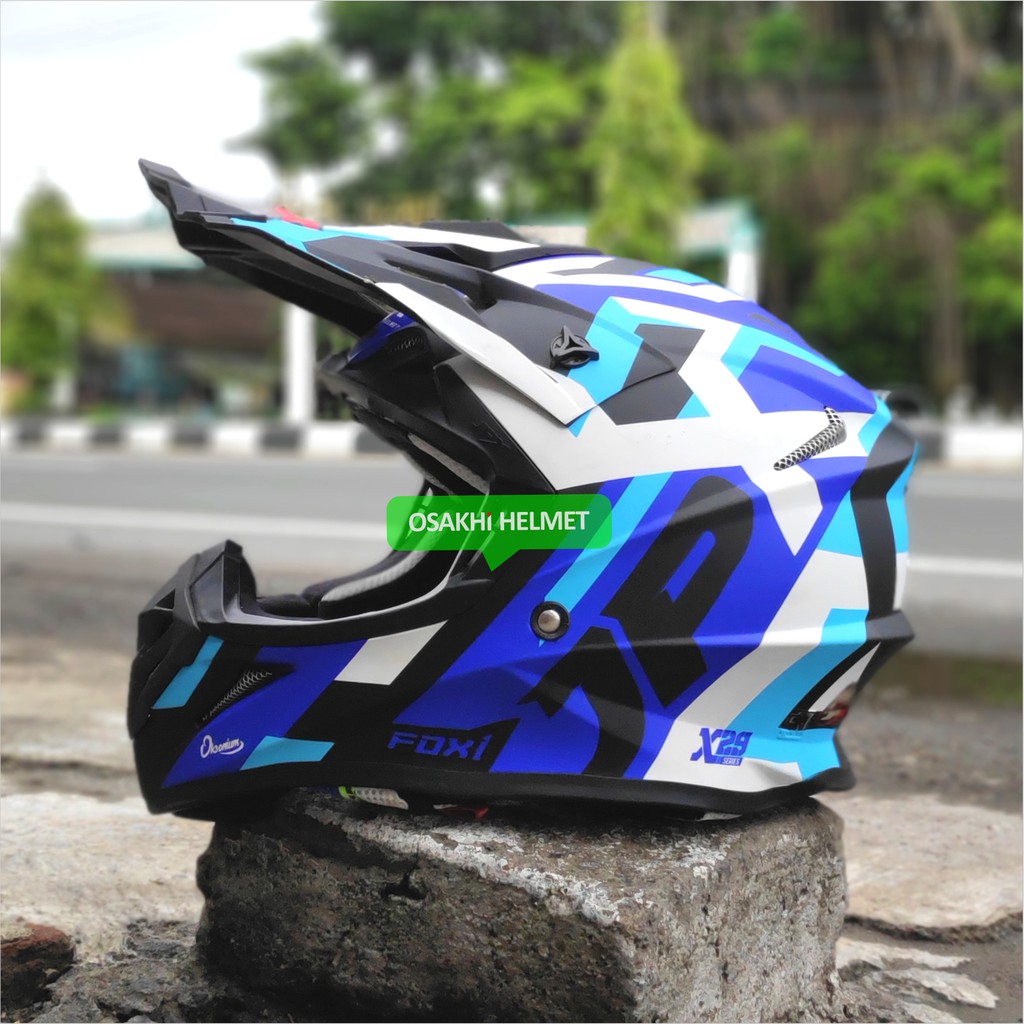 Fox1 JPX X29 Blue Black Doff Motif Grafis Oke Banget, Berat Helm Cross Ringan Trail