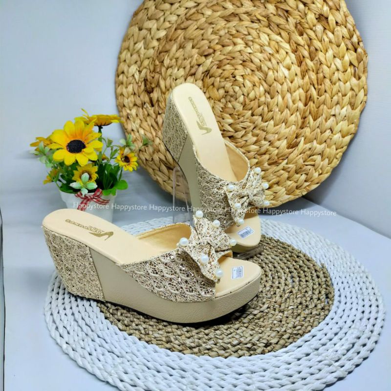 Sandal brokat - wedges brukat - sandal cantik dengan pita untuk acara pesta dan kondangan DV21