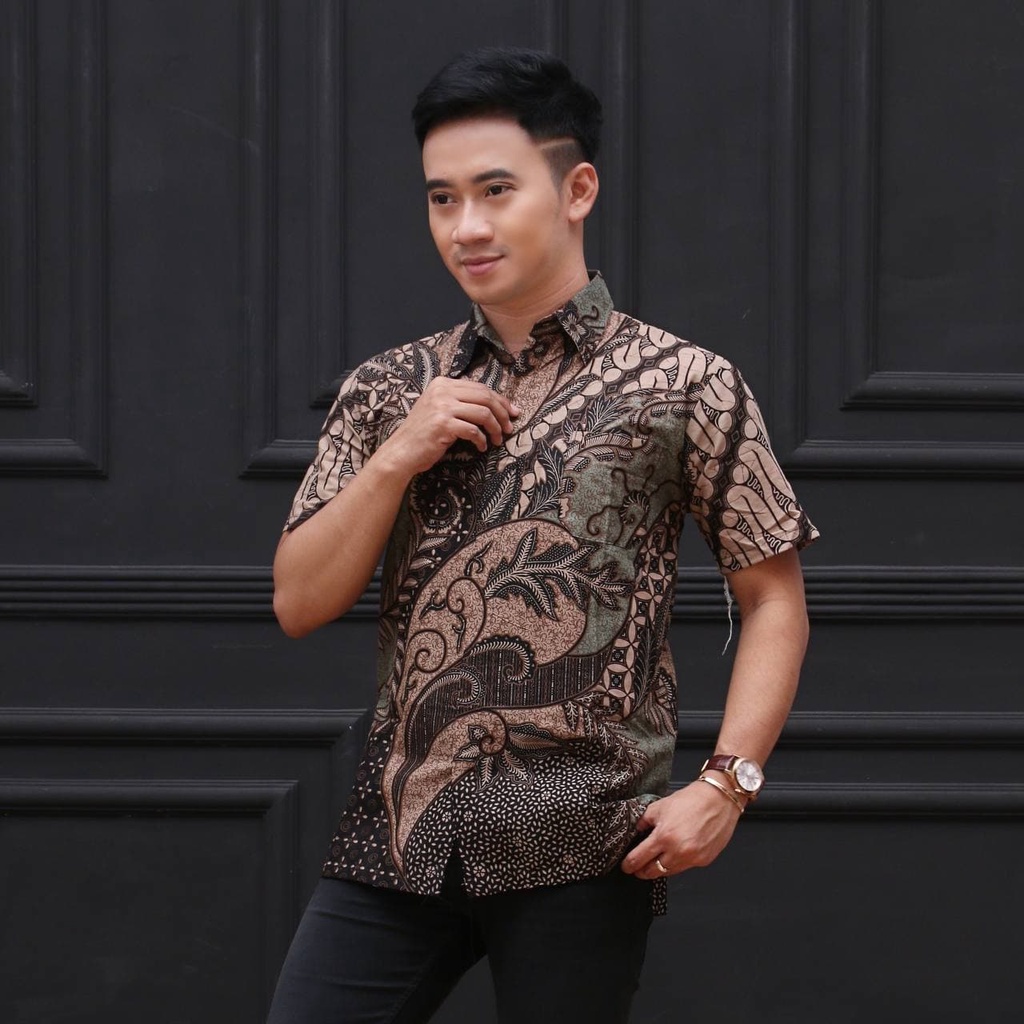 Batik Pria Lengan Pendek Premium BATIK AZMIL HRB026 motif KERATONAN Kode 002 size M L XL XXL-PENDEK-padi ijo