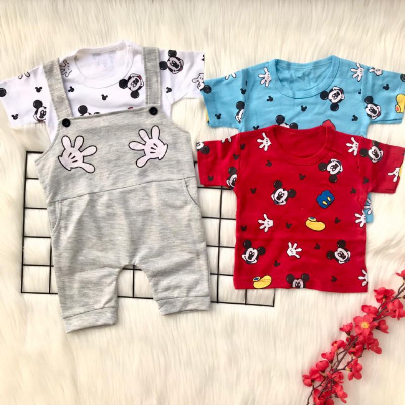 Baju setelan kaos suspander 6-15 bln motif mickey lucu bestseller anak bayi cowok laki murah -mic