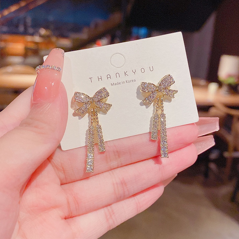 Anting Tusuk Gantung Sterling silver 925 Desain Pita + Rumbai Hias Berlian Untuk Wanita