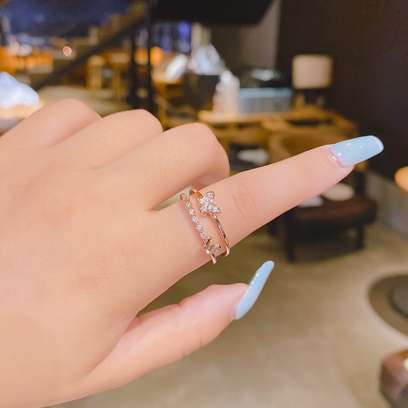 Kupu-kupu Kreatif Cincin Berlian Kristal Mengkilap Baja Titanium Perak Emas Mawar Perhiasan Fashion Wanita Pernikahan Rings