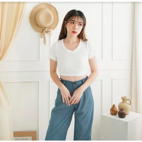 Korean Crop Top Korea Kaos V-Neck Wanita Baju Atasan Basic Wanita 143