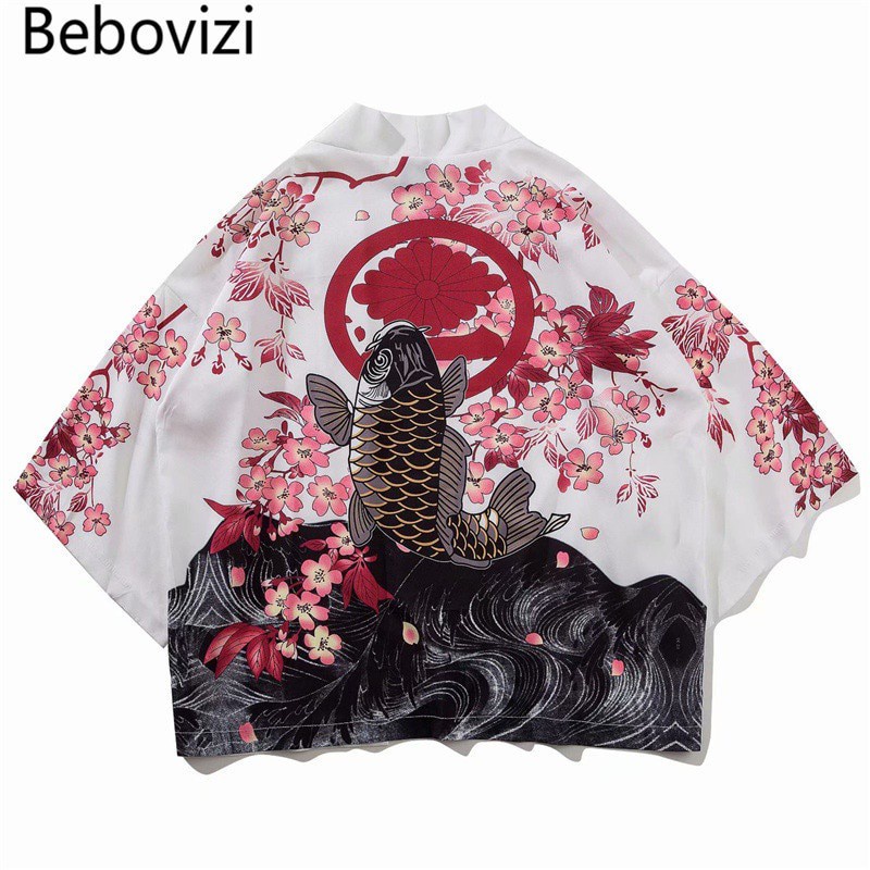 Baju Kimono Pria Bebovizi Japanese Style Crane Koi Kimono Tokyo Streetwear Haori Men Women Cardigan