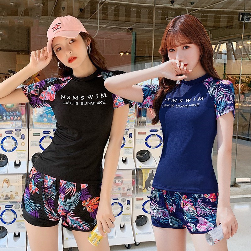 Set baju Renang Wanita Lengan Pendek Atasan Top Kaos Pantai Set Celana Pendek Pantai Cewek Swimwear 